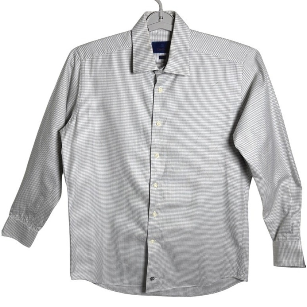 David Donahue Dress Shirt‎ Mens 16.5 34/35 Grey Houndstooth Trim Fit Long Sleeve